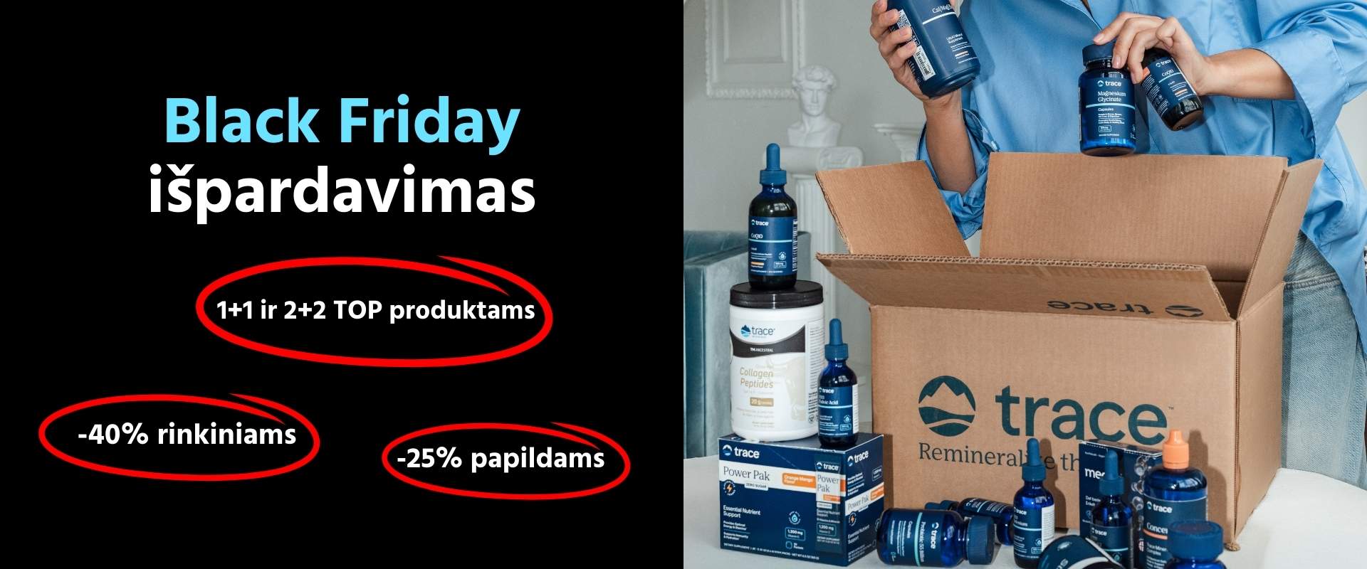 Reklaminis „Black Friday“ pasiūlymų maketas lietuvių kalba, desktop formatu: kairėje pusėje rodomi nuolaidų tekstai, o dešinėje – nuotrauka su daug maisto papildų pakuočių, traukiamų iš dėžės.